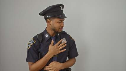 African american police officer saluting with pride against a plain white background.