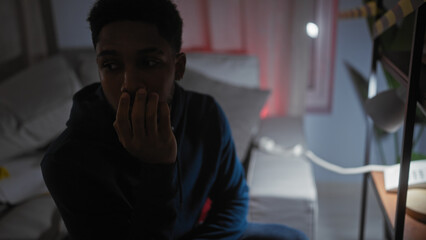 An apprehensive african american man sits pensively in the dimly lit room, evoking a mysterious and contemplative mood.