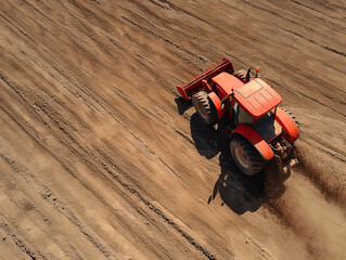 Tractor on an agricultural field plows the earth from a bird's eye view, with space for text - 764946824