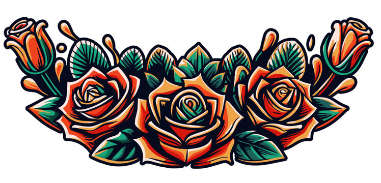 Mexico mexican roses for festival Cinco de mayo. Retro old school roses for chicano tattoo. Artistic representation of bright red roses with an abstract humanoid face integrated among the petals