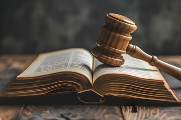 Courtroom scene with open law book and wooden gavel symbolizing justice and law enforcement. Concept Law and Justice, Courtroom Setting, Legal System, Gavel and Law Book, Symbolism of Justice - obrazy, fototapety, plakaty