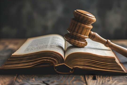 Courtroom scene with open law book and wooden gavel symbolizing justice and law enforcement. Concept Law and Justice, Courtroom Setting, Legal System, Gavel and Law Book, Symbolism of Justice