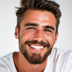 Obraz premium Studio portrait of a man smiling with a modern haircut. Advertisement for dental, business, studio, etc.
