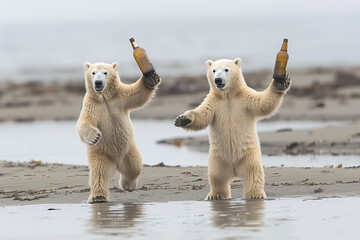 Niedźwiedzie polarne z butelkami - obrazy, fototapety, plakaty