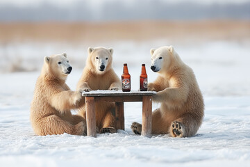Niedźwiedzie z butelkami przy stole