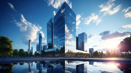 Fototapeta premium Photorealistic Tall building and behind it a beautiful and sky