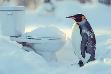 Zima, śnieg, toaleta i pingwin - obrazy, fototapety, plakaty