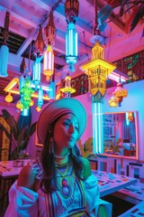 Obraz na płótnie Canvas A stylized portrait of a woman inside a colorfully lit restaurant adorned with cultural decor