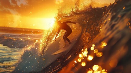 Gilded Glory A Surfer's Sunset Ride Golden Light Spray and Swell