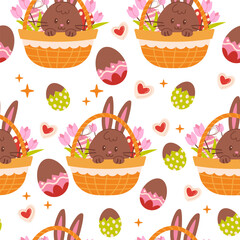 Seamless pattern with chocolate rabbits and eggs in basket. Seamless pattern with easter bunny and eggs. Easter seamless pattern, Easter symbol, decorative vector elements.