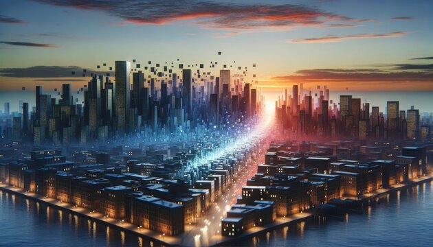 Futuristic Cityscape Evolving into Digital Pixels at Sunset