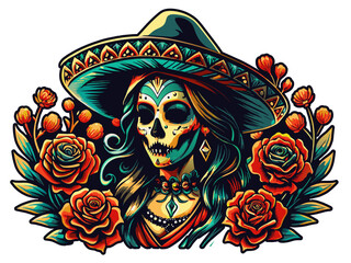 Mexican woman Mexico festive for festival dia de los muertos. Dead female skull adorned with roses and a traditional sombrero hat. Sugar skull