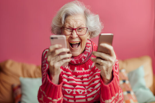 senior woman is celebrating because she scored a perfect 10 on her mobile phone game,