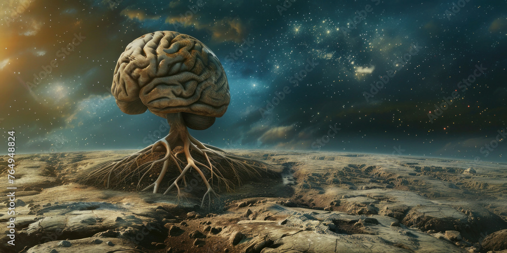 Poster conceptual image of brain with roots growing out of it on surface of earth, representing growth and 