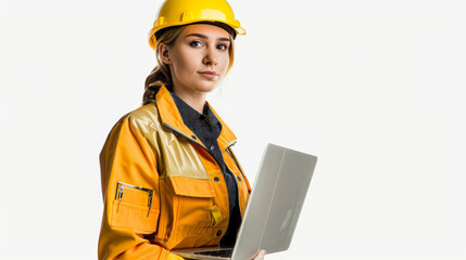 Professional female engineer in an orange safety jacket holding a laptop on a white background.