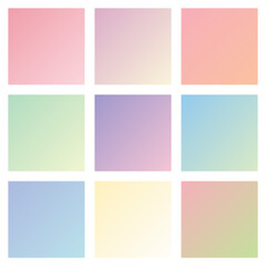 Set of 9 beautiful soft pastel vector gradient backgrounds for your social media. Catchy colourful square wallpapers. Trendy gradient templates set.