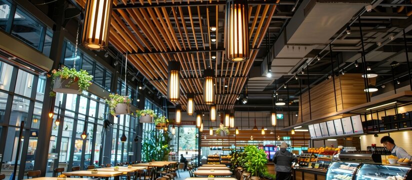 A cozy restaurant setting featuring wooden tables and chairs, creating a warm and inviting ambiance for diners
