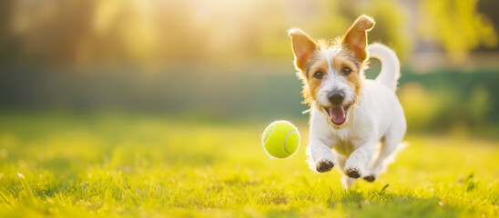 Pet dog running retrieving with tennis balls playing catch-up game, Cute funny jumps happily a field blurred background