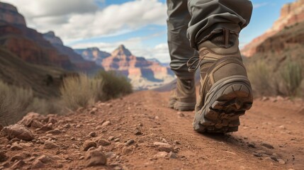 Closeup view of a hiker hiking in rugged land with majestic view.