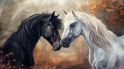 A black and a white horse in love
