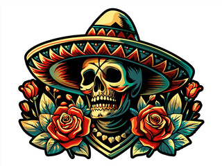 Mexican sugar skull Mexico festive for festival dia de los muertos. Vibrant illustration of a decorated skull with a sombrero and red roses