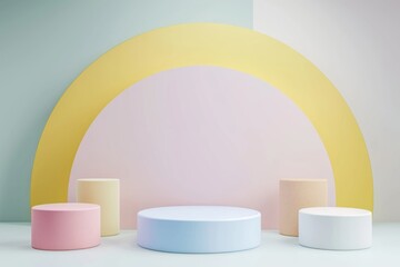 Realistic 3D cylinders in pastel tones arranged as an abstract geometric podium set.