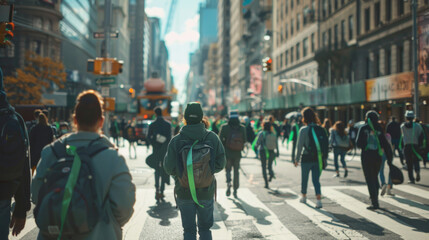 A bustling city street with people wearing green ribbons for mental health awareness, dynamic and lively, showing community and solidarity, detailed cityscape background - obrazy, fototapety, plakaty