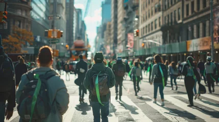 Fotobehang A bustling city street with people wearing green ribbons for mental health awareness, dynamic and lively, showing community and solidarity, detailed cityscape background © Rassul