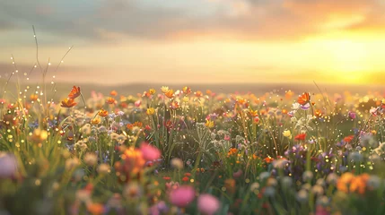 Abwaschbare Fototapete A field of wildflowers at dawn, dew on petals, soft morning light, diverse colors and species, wide open landscape © Rassul