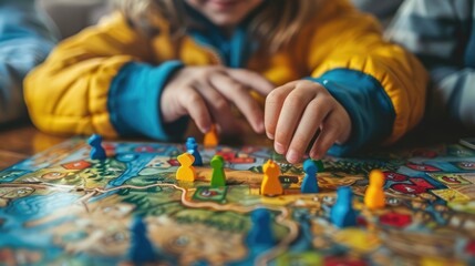 A little boy plays a board game, moves a figurine close-up. Family leisure. Fun at home with kids. - obrazy, fototapety, plakaty