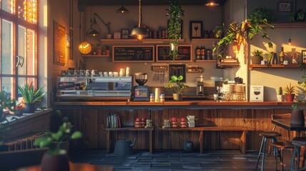 Inviting Ambiance Cozy Coffee Shop Interior with Warm Lighting for Relaxation and Comfort