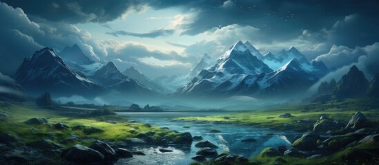 Scenic view of a majestic mountain landscape with a flowing river in the foreground and a distant mountain range in the background - Powered by Adobe