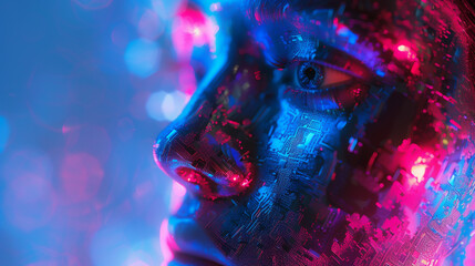 AI, metallic skin, self-aware android wandering through a digital dreamscape 3D render, ethereal glow, Vignette