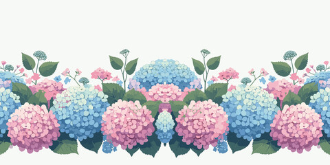 Seamless border with hydrangea flowers, spring floral decorative border, Vector illustration, generative ai