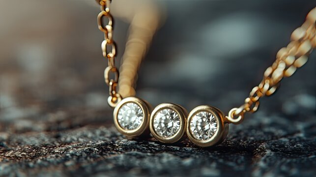 a jewelry necklace adorned with a pure, sober, and delicate line, featuring three exquisite diamonds, in a realistic photograph.