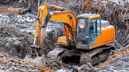 Fototapeta premium A yellow excavator is digging through a muddy field.