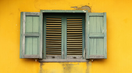 Fototapeta na wymiar Vintage green shutters on a yellow cracked wall.