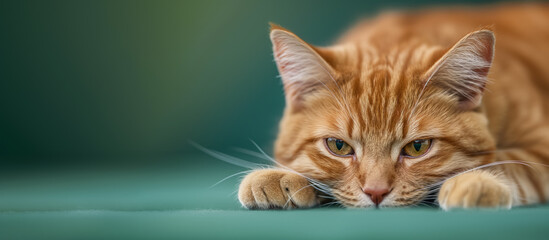 Orange tabby cat lounging intently.