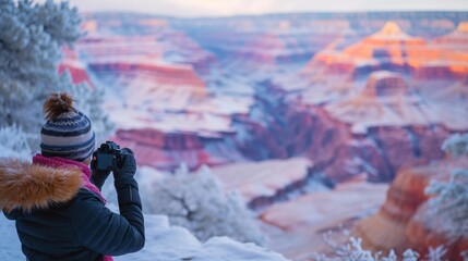 People taking photos in Grand Canyon in winter with snow.