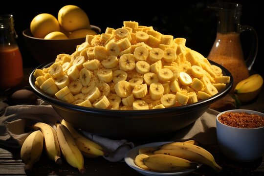 Mature banana with sliced ??banana pieces in a bowl. in a black picture., generative IA