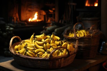 Mature yellow bananas in the wicker basket in the fruit market store, generative IA - obrazy, fototapety, plakaty