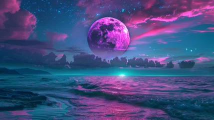 Fotobehang abstract landsape with cinematic view of a purple moon above the sea. © CreativeCreations