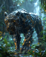 Bioengineered animals, metallic scales, roaming through a lush, tech-infused jungle, in a perpetual simulated rainstorm, 3D render, Backlights, Motion Blur