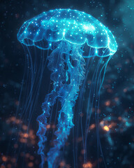 Bioluminescent jellyfish, glowing tendrils, underwater cityscape, shimmering water reflections, realistic, Silhouette lighting, Vignette