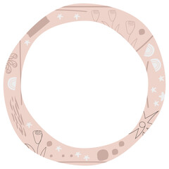 Decorative circle frame with tulip flower and hand-drawn shapes