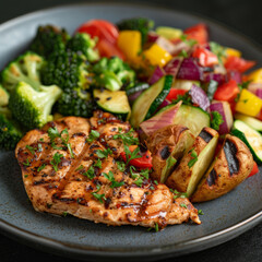 Close-up of a healthy meal with balanced nutrition, colorful vegetables and lean protein, focus on texture and freshness, studio lighting, emphasizing the importance of healthy eating