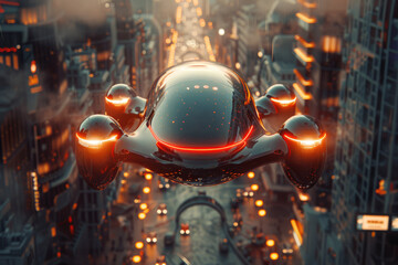 Innovative modern flying electric car navigates the sky against the backdrop of a modern urban skyline in the evening, futuristic sleek design 