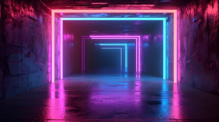 3d render, abstract neon background with glowing square lines and empty space for design.
