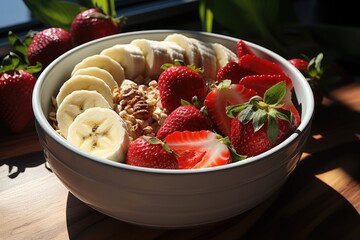 High angle close -up of a white bowl with strawberry and banana slices, generative IA - Powered by Adobe