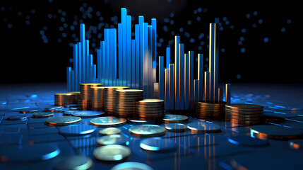 visual exploration of financial landscapes with a captivating 3D representation--a blue money business graph and finance chart diagram set against a coin-strewn background